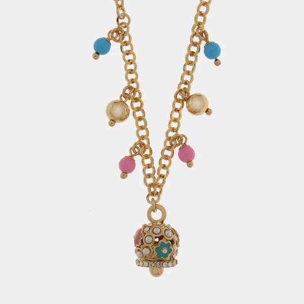 Collana in Metallo con sfere colorate e campanella con fiori e cristalli in rilievo — collezione Onda Azzurra