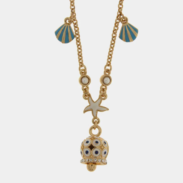 Collana in Metallo con stella marina, conchiglie4 e campanella con cristalli luminosi — collezione Onda Azzurra