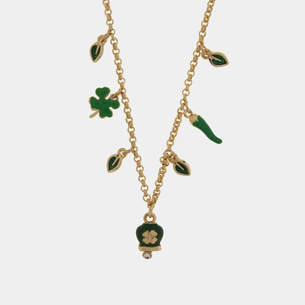 Collana in Metallo dorata con campanella portafortuna quadrifoglio e charm a forma di foglie, quadrifoglio e corno — collezione Onda Azzurra