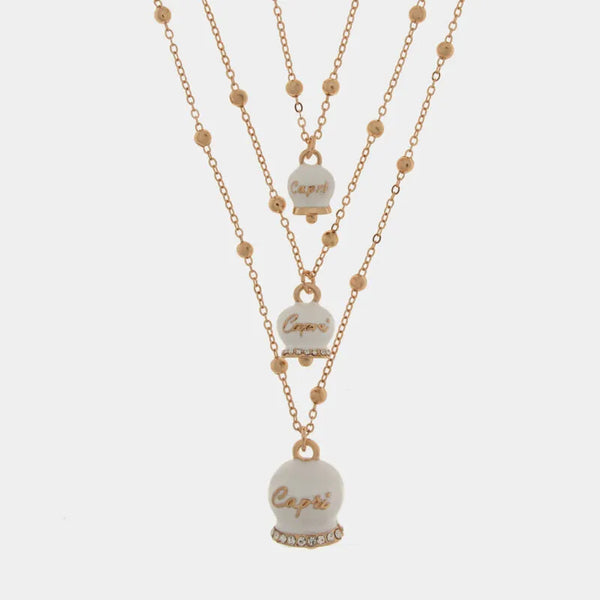 Collana in Metallo multifilo con campanelle bianche di grandezze diverse con cristalli luminosi — collezione Onda Azzurra