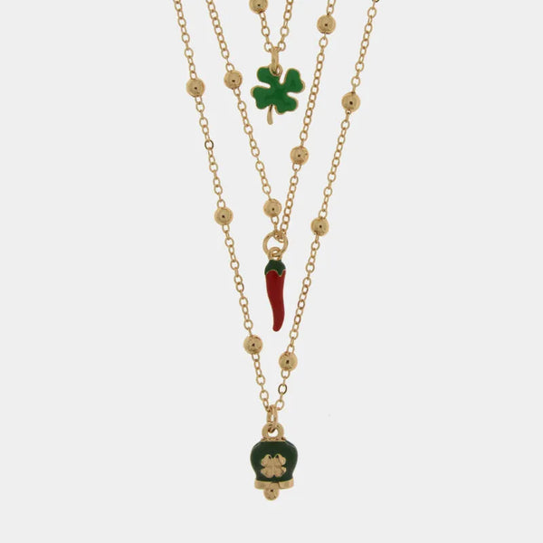 Collana in Metallo multifilo con quadrifoglio, corno e campanella con quadrifoglio portafortuna — collezione Onda Azzurra