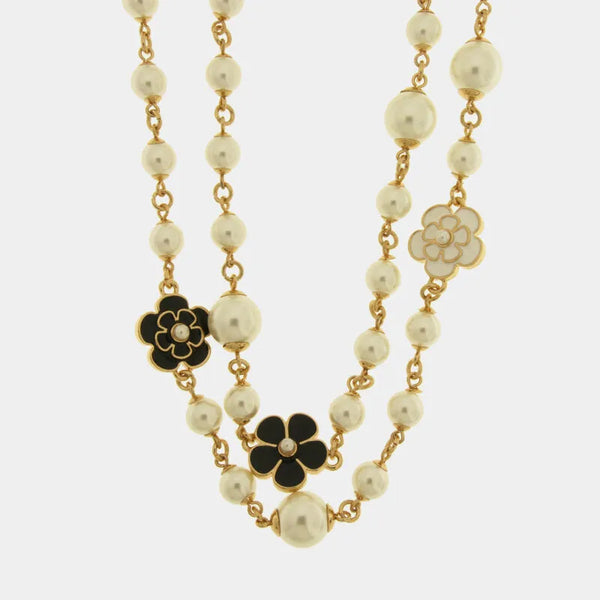 Collana in Metallo multifilo con sfere perlate e fiori smaltati bianchi e neri — collezione Onda Azzurra