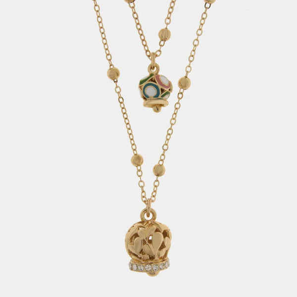 Collana in Metallo multifilo dorata con campanella multicolore e campanella dorata con cuori e zirconi — collezione Onda Azzurra