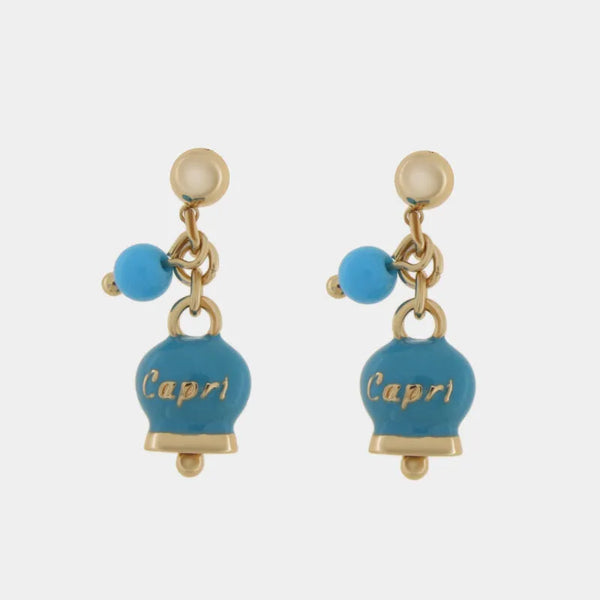 Orecchini in Metallo pendenti con campanella azzurra e scritta capri — collezione Onda Azzurra
