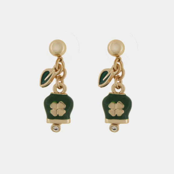Orecchini in Metallo pendenti con campanella con quadrifoglio portafortuna verde — collezione Onda Azzurra