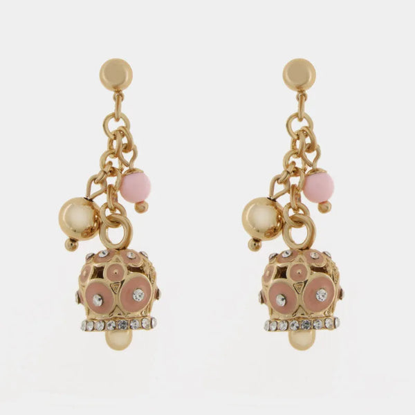 Orecchini in Metallo pendenti con campanella dorata e cerchi rosa con cristalli — collezione Onda Azzurra
