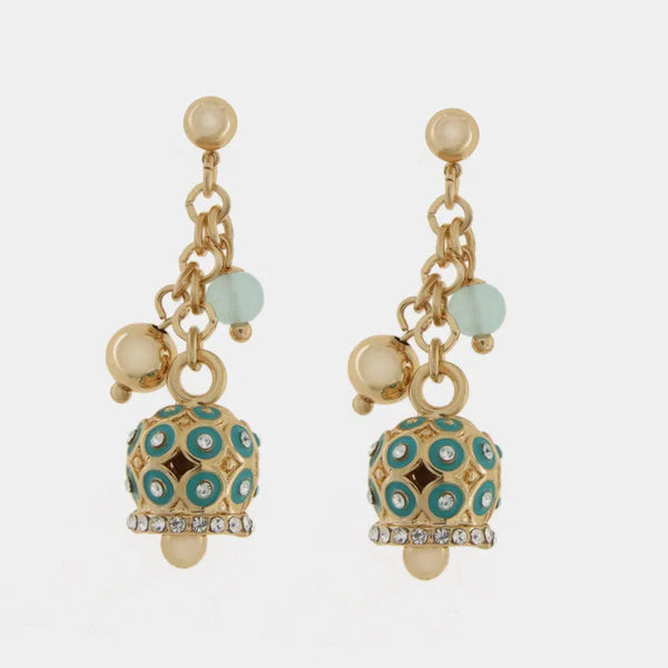 Orecchini in Metallo pendenti con campanella dorata e cerchi turchesi con cristalli — collezione Onda Azzurra