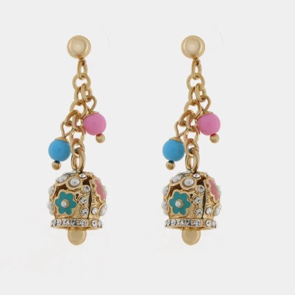 Orecchini in Metallo pendenti con campanella dorata e fiori e pietre in rilievo — collezione Onda Azzurra