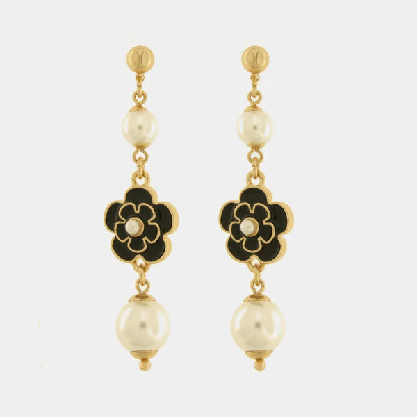 Orecchini in Metallo pendenti con pietre bianche e fiori smaltati neri — collezione Onda Azzurra