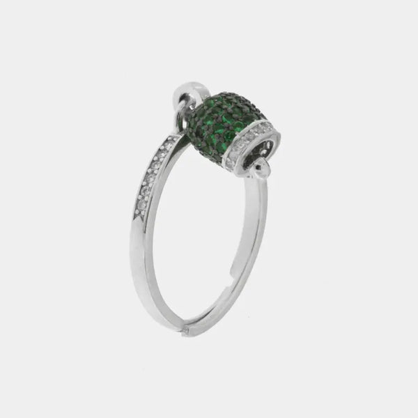 Anello in Argento 925 campanella portafortuna impreziosito da zirconi verdi — collezione piazzetta 925