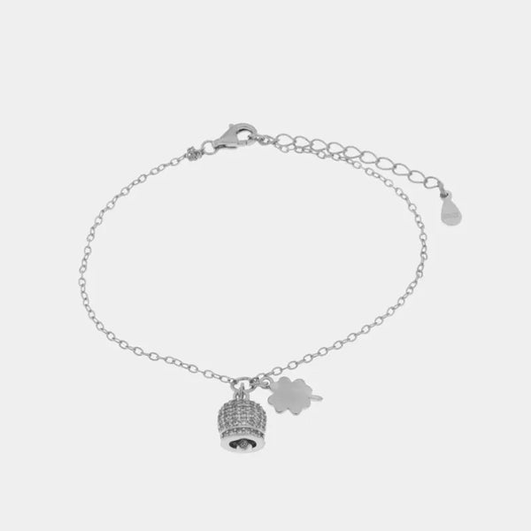 Bracciale in Argento 925 campanella portafortuna impreziosito da zirconi bianchi e quadrifoglio — collezione piazzetta 925