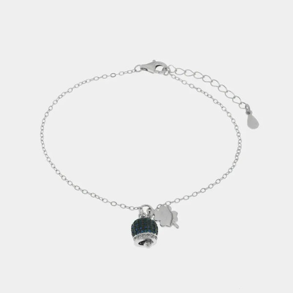 Bracciale in Argento 925 campanella portafortuna impreziosito da zirconi blu e quadrifoglio — collezione piazzetta 925