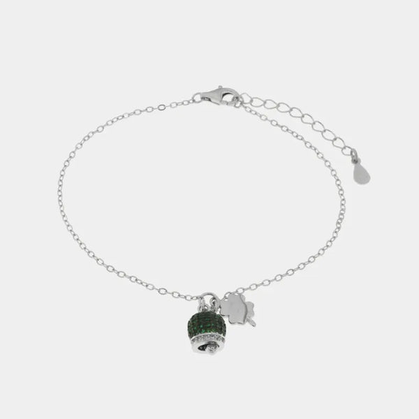 Bracciale in Argento 925 campanella portafortuna impreziosito da zirconi verdi e quadrifoglio — collezione piazzetta 925