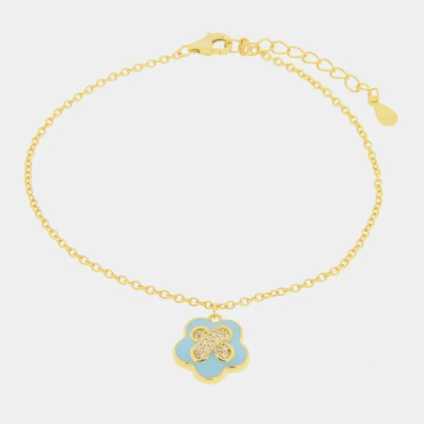 Bracciale in Argento 925 con fiore azzurro e zirconi — collezione piazzetta 925