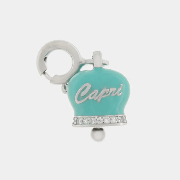 Ciondolo in Argento 925  campanella con scritta capri verde acqua — collezione piazzetta 925