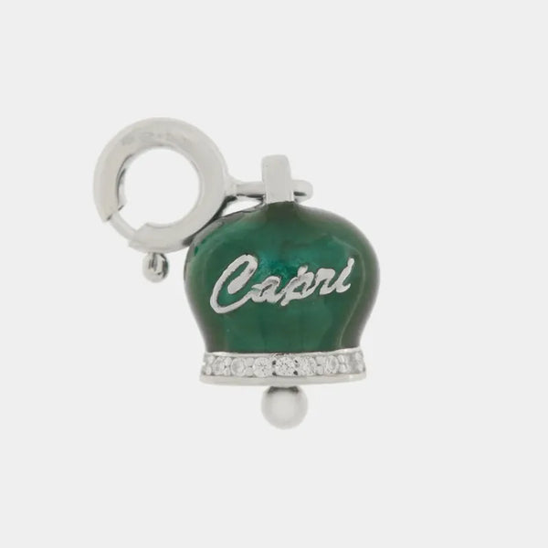 Ciondolo in Argento 925 campanella scritta capri  verde — collezione piazzetta 925