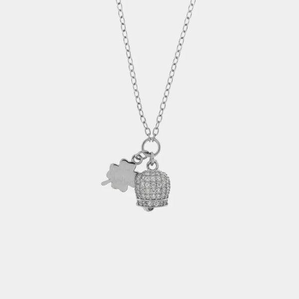 Collana in Argento 925 campanella portafortuna con quadrifoglio e cubic zirconi crystal — collezione piazzetta 925