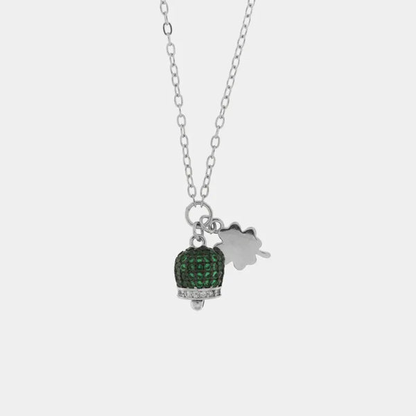 Collana in Argento 925 campanella portafortuna con quadrifoglio e cubic zirconi verdi — collezione piazzetta 925