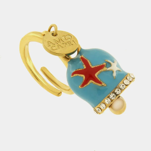 Anello in Acciaio campanella Capri azzurra con stelle marine — collezione solaria