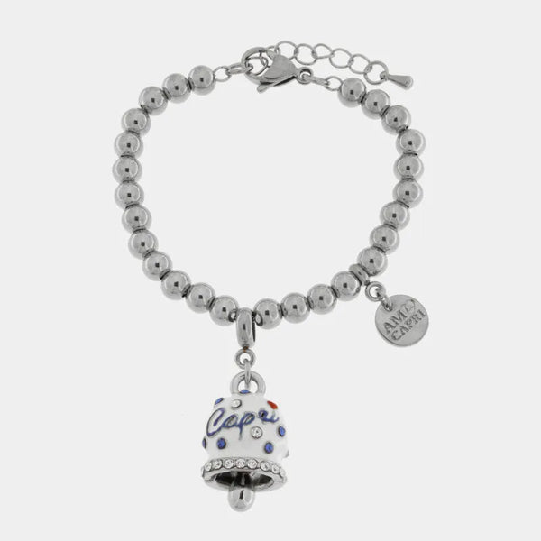Bracciale in Acciaio campanella Capri bianca con pois blu — collezione solaria