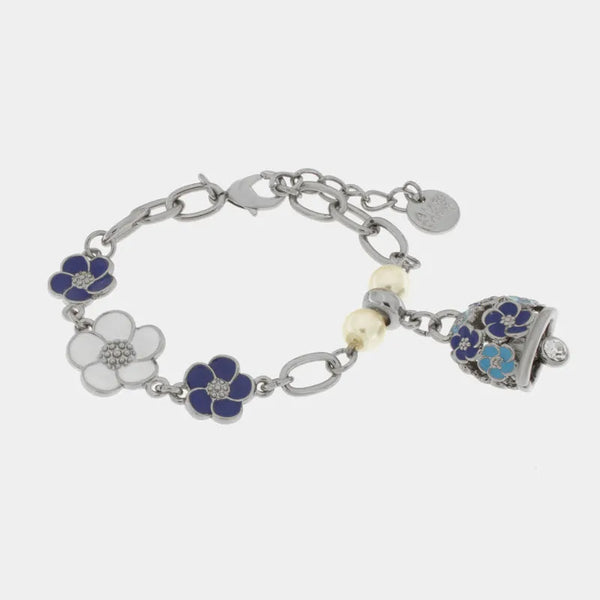 Bracciale in Metallo con campanella e fiori blu e bianchi — collezione tiberio