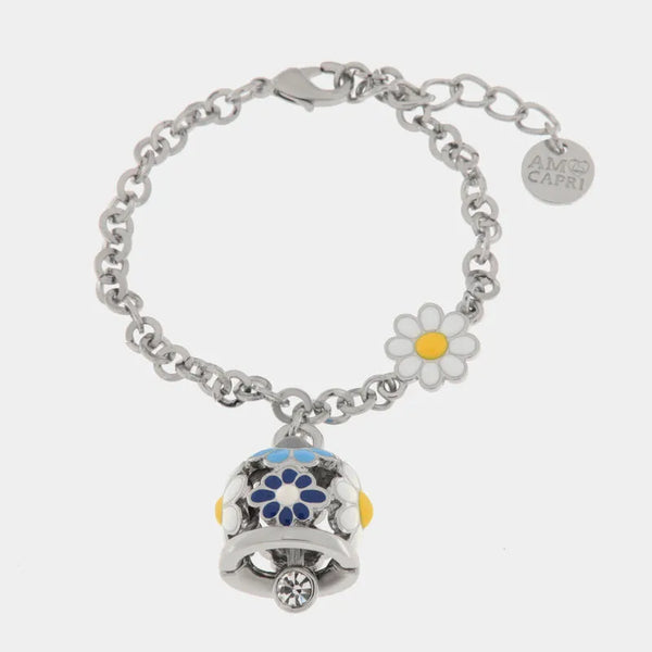 Bracciale in Metallo con campanella e margherite blu e bianche — collezione tiberio