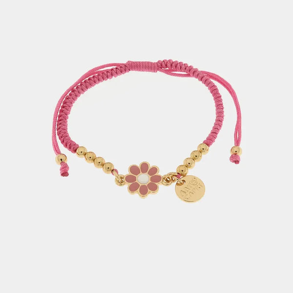 Bracciale in Metallo con cordino rosa e sfere con margherita — collezione tiberio
