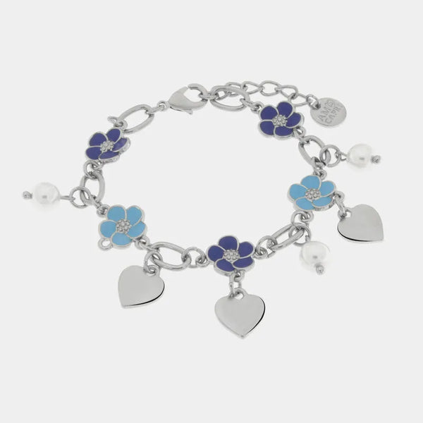 Bracciale in Metallo con fiori blu e cuori pendenti — collezione tiberio