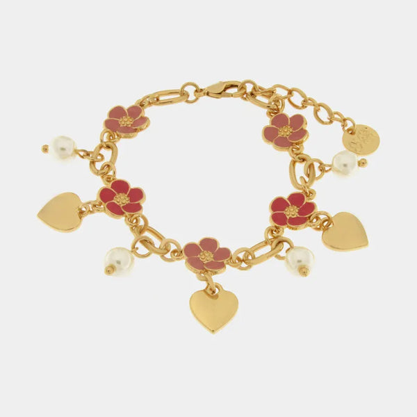 Bracciale in Metallo con fiori fucsia e cuori pendenti — collezione tiberio