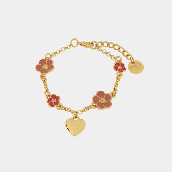 Bracciale in Metallo con fiori rosa e cuore pendente — collezione tiberio