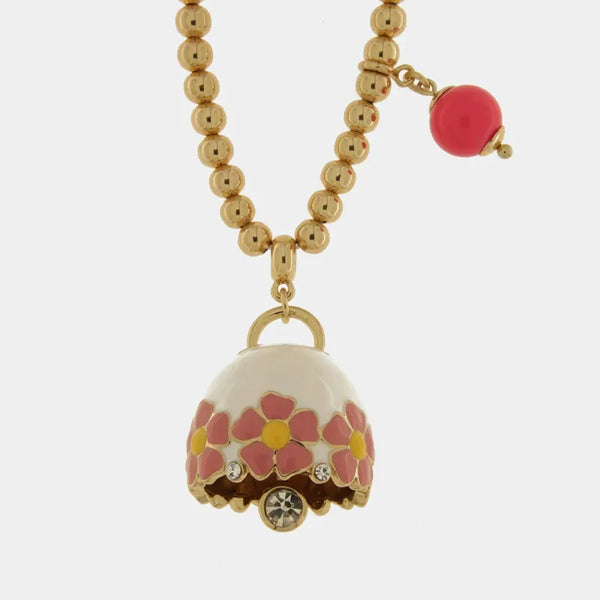 Collana in Metallo con campanella bianca e  fiori e pietra rosa — collezione tiberio