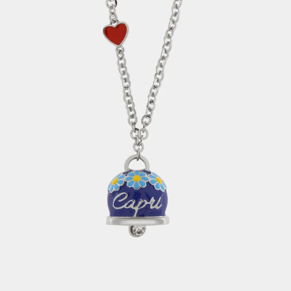 Collana in Metallo con campanella blu impreziosita da margherite e scritta capri — collezione tiberio