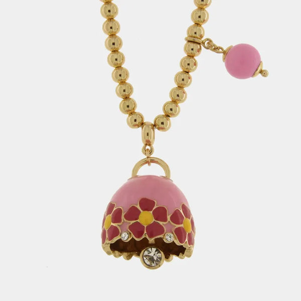 Collana in Metallo con campanella rosa e  fiori e pietra rosa — collezione tiberio