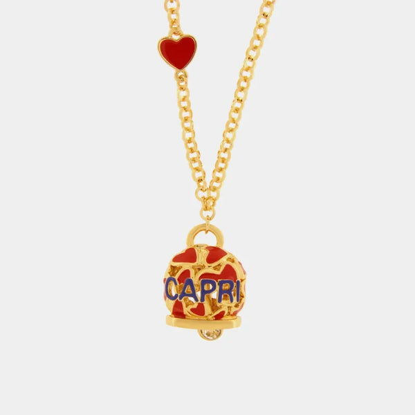 Collana in Metallo con campanella rossa impreziosita da cuori e scritta capri — collezione tiberio