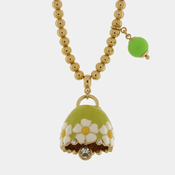 Collana in Metallo con campanella verde e  fiori e perla — collezione tiberio