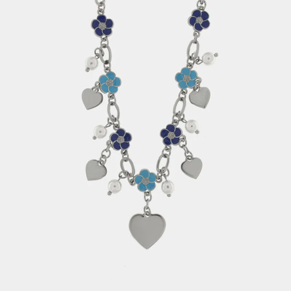 Collana in Metallo con fiori blu e cuori pendenti — collezione tiberio