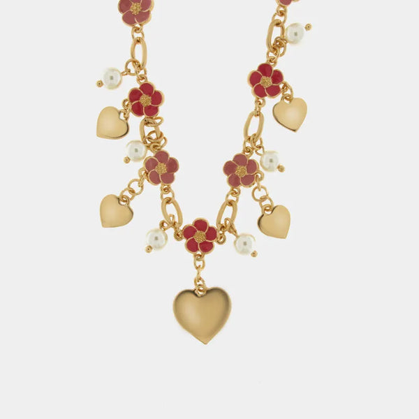 Collana in Metallo con fiori rosa e cuori pendenti — collezione tiberio