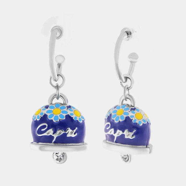 Orecchini in Metallo a cerchio con campanella blu impreziosita da margherite e scritta capri — collezione tiberio