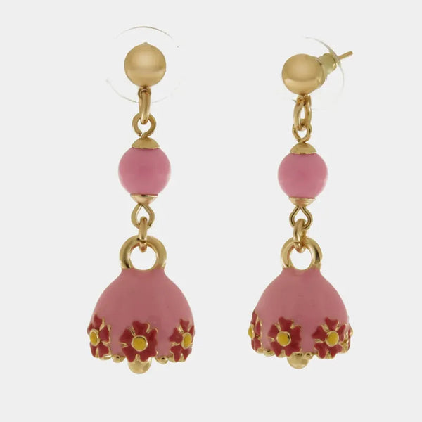 Orecchini in Metallo con campanella rosa e  fiori e perla — collezione tiberio