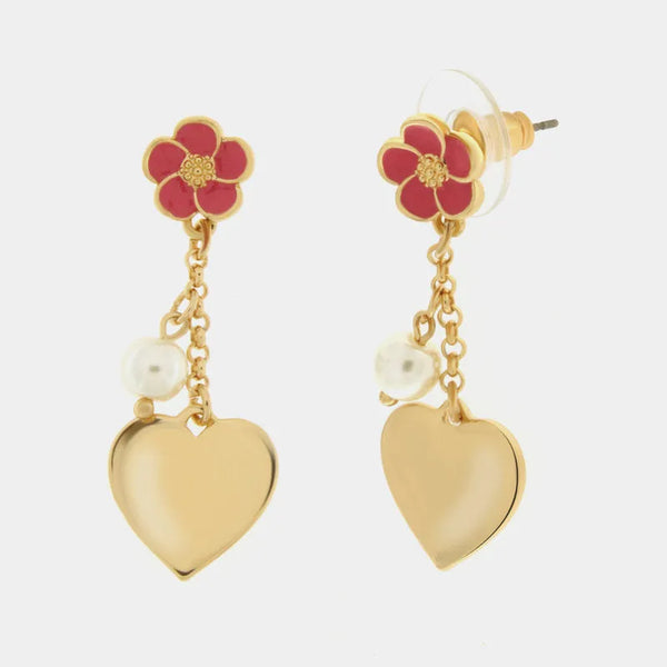 Orecchini in Metallo con fiore rosa a lobo e cuore pendente — collezione tiberio