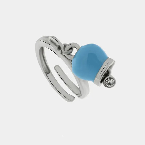 Anello in Metallo con campanella portafortuna pendente color azzurro, impreziosita da punto luce — collezione tragara