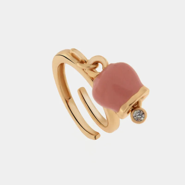 Anello in Metallo con campanella portafortuna pendente rosa, impreziosita da punto luce — collezione tragara