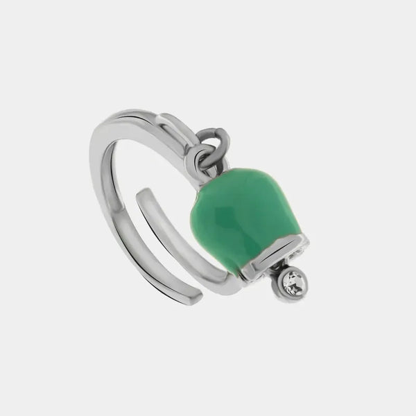 Anello in Metallo con campanella portafortuna pendente verde acqua, impreziosita da punto luce — collezione tragara