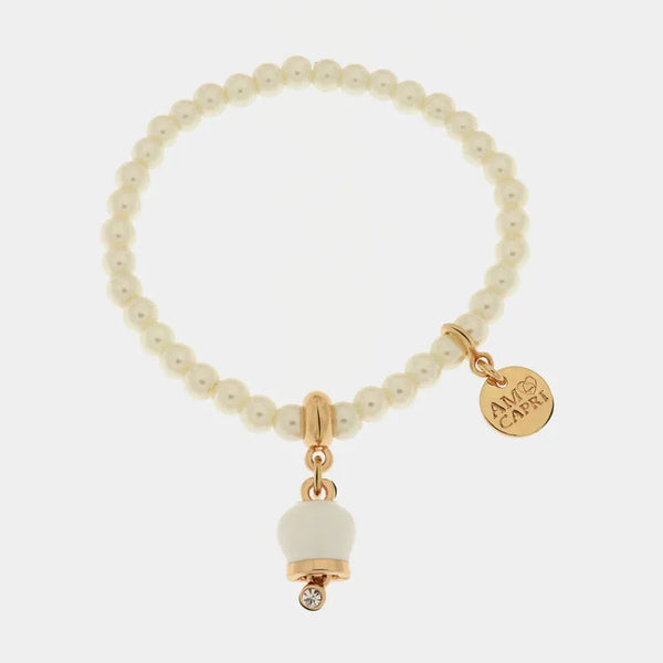 Bracciale in Metallo Bracciale in Metallo con perle e campanella portafortuna in smalto bianco — collezione tragara