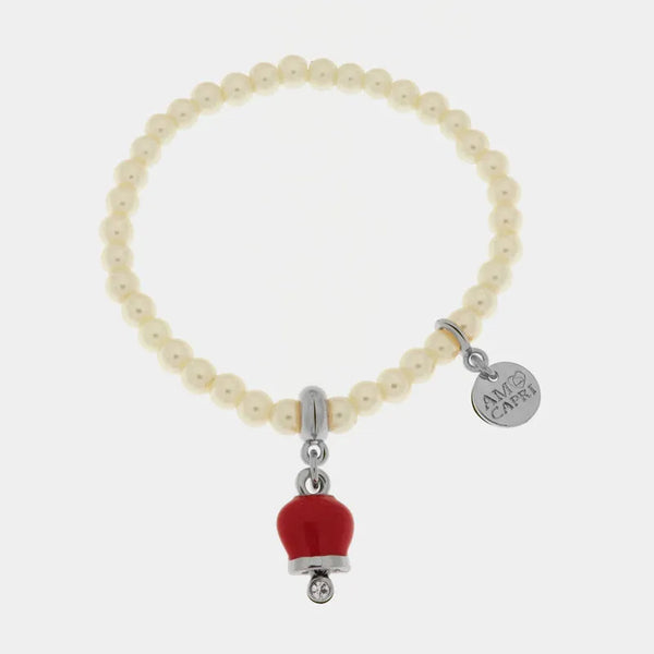 Bracciale in Metallo Bracciale in Metallo con perle e campanella portafortuna in smalto rosso — collezione tragara
