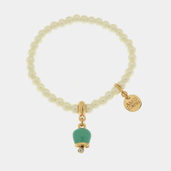 Bracciale in Metallo Bracciale in Metallo con perle e campanella portafortuna in smalto verde — collezione tragara