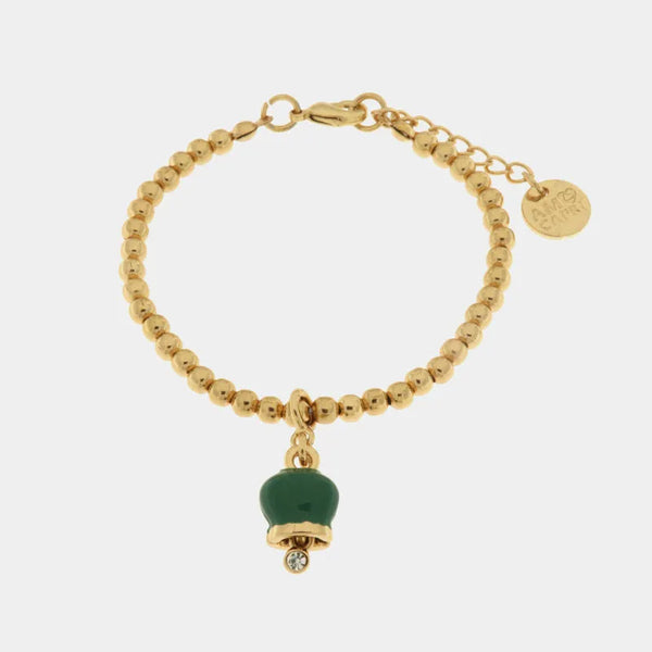 Bracciale in Metallo con campanella portafortuna impreziosita da smalto verde — collezione tragara