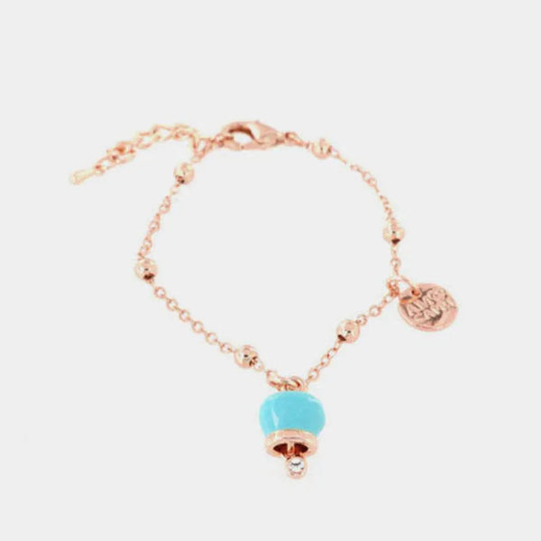 Bracciale in Metallo con campanella portafortuna pendente, impreziosita da smalto turchese e punto luce — collezione tragara