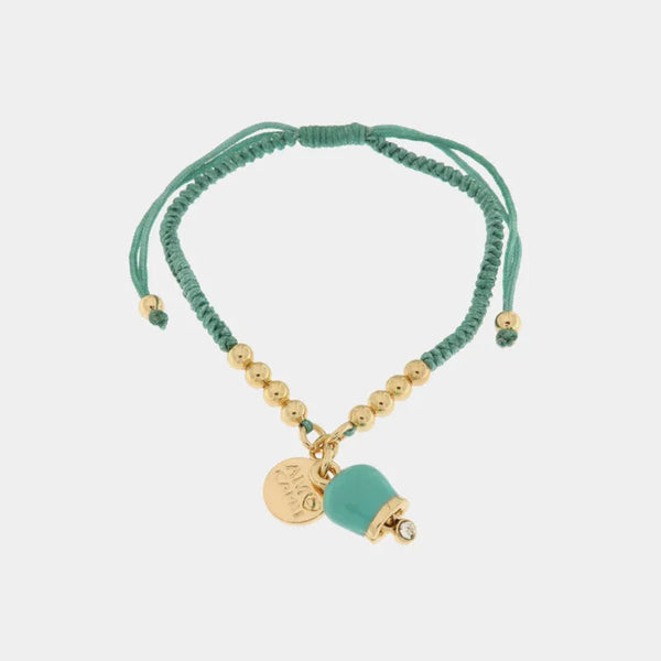 Bracciale in Metallo con cordino turchese e sfere con campanella — collezione tragara