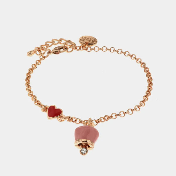 Bracciale in Metallo con cuore rosso e campanella portafortuna pendente, impreziosita da smalto rosa e punto luce — collezione tragara